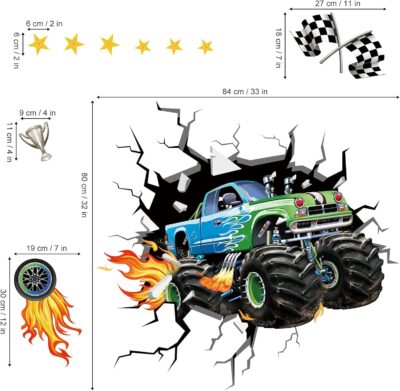 decalmile 3D Racing Car Wall Stickers, Multi Color, Vinyl, Indoor, Waterproof, for Kids Room, Boys Bedroom, Living Room Decor - Image 4