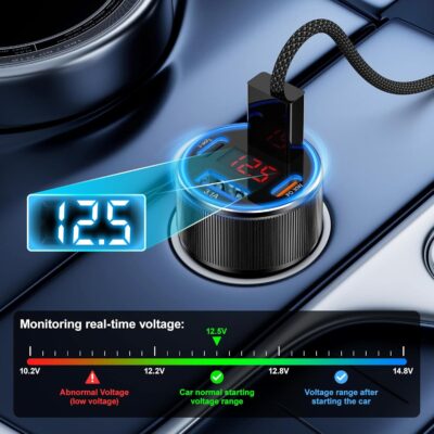 Car Charger for iPhone 17 16 15 Pro Max, Besgoods 4-Port Cigarette Lighter Adapter USB C & USB A Car Phone Charger Fast Charging Voltmeter for Galaxy S25 S24 S23 A15 A54 Android, 6ft USB C to C Cable - Image 4