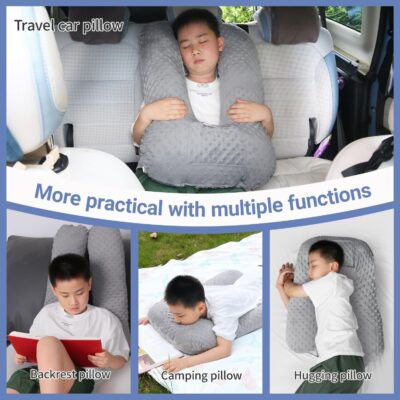 Travel Pillow for Kids & Adults, Car Pillow for Back Seat, Sleeping Support Cushion for Long Road Trips, Toddler Carseat Pillow with Removable & Washable Cover, Grey - Image 5