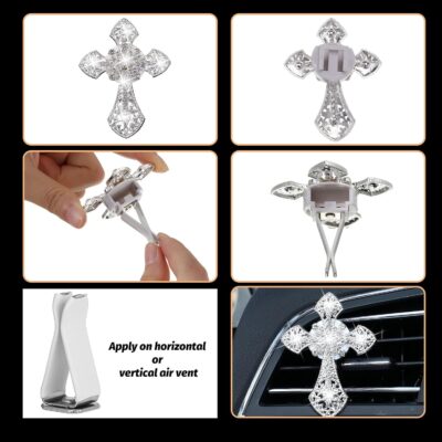 Frienda Bling Car Air Vent Clip Crystal Cross Rhinestone Vehicle Air Conditioner Outlet Vent Charm Car Bling Accessories for Women Wheels Interior Decoration(Silver) - Image 5