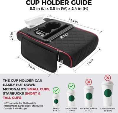 FREESOO Car Center Console Cover, Leather Armrest Cover for Car, Universal Middle Console Cushion with Storage Box, Cup Holder, Tissue Box & Phone Slot, Waterproof Interior Accessories, Black Red - Image 4