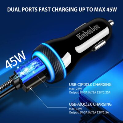 Type C Super Fast Charger Car 45W, [PD/PPS+QC] Dual Fast Charging Car Cigarette Lighter Adapter Compatible with Samsung S25/S24/S23, iPhone 16/15 Pro Max, Pixel 9 – 4FT Type C Cord - Image 2