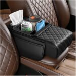 2026 New 5 in1 Car Armrest Storage Box,Multifunctional Leather Car Armrest Box Pad with Cup Holder & Phone Holder & Storage Bag,Comfortable Center Console Cover for Elbow Support