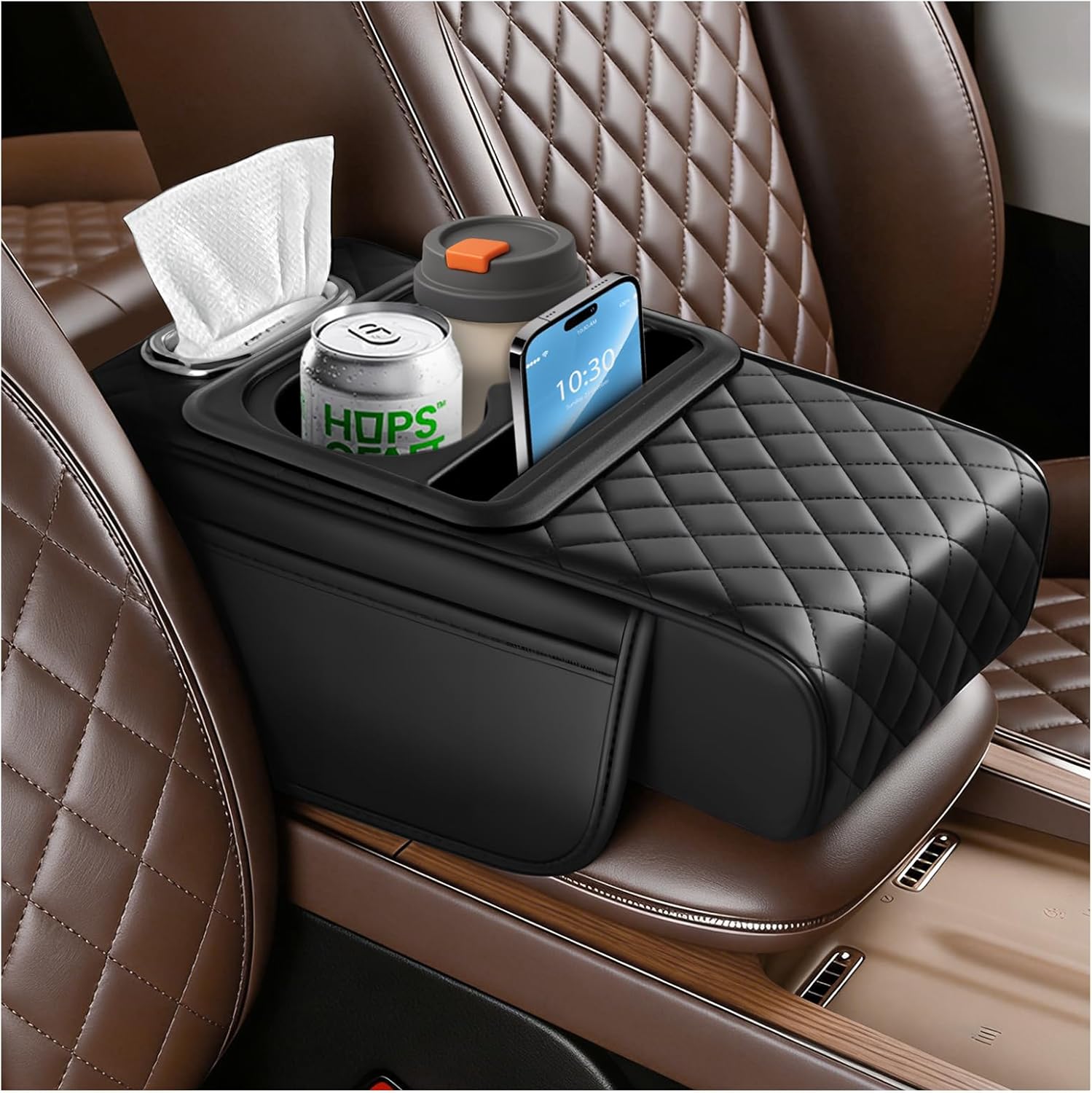 71HtxOTUxmL._AC_SL1500_.jpg 2026 New 5 in1 Car Armrest Storage Box,Multifunctional Leather Car Armrest Box Pad with Cup Holder & Phone Holder & Storage Bag,Comfortable Center Console Cover for Elbow Support - Image 1