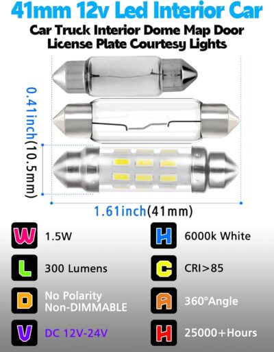 DC12V-24V 212-2 Led Bulb, 6000k White 578 211-2 41mm 42mm 1.65in Festoon LED Dome Light Bulbs, 300LM Super Bright 578 LED Blub for Car Truck Interior Dome Map Door License Plate Courtesy Lights 2pack - Image 3
