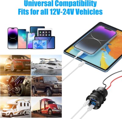 12V USB Outlet 3 Port Car Charger Socket, 78W Dual PD USB C 30W and Quick Charge3.0 Port Aluminum Charger Waterproof with Voltmeter and Button Switch for Boat Marine Motorcycle RV Truck Golf Cart, etc - Image 8