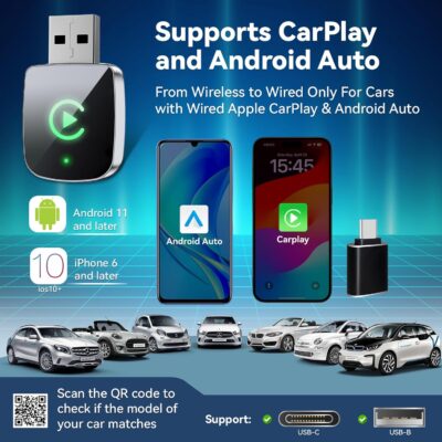 Mini Wireless CarPlay Adapter for iPhone,2 in 1 for Apple Carplay and Android Auto Adapter,Convert Wired to Wireless, Plug & Play, USB to USB-C/Type-C, Stable Control & No Delay, Black - Image 2