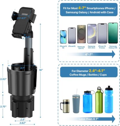 Car Phone Mount with Cup Holder Expander - Upgraded Anti-Shake 2-in-1 Cup Phone Holder for SUVS Trucks with Adjustable Aluminium Alloy Long Neck, fit for iPhone Samsung Galaxy (Black) - Image 6