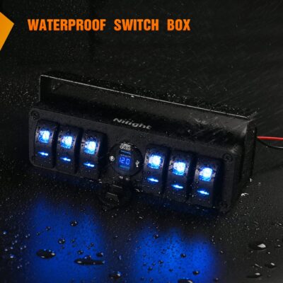Nilight 6 Gang Rocker Switch Box 12V SPST ON Off Switch QC 3.0 USB Charger Voltmeter Waterproof Aluminum Rocker Switch Panel Night Glow Stickers for Boats Cars RVs Trucks, 2 Years Warranty,Blue - Image 4
