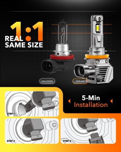 OXILAM H11/H8/H9 LED Bulbs, 70,000LM 1300% Brighter 6500K Cool White Driving Bulbs, 60,000Hrs Lifespan, IP68, 1:1 Size, Anti-Flicker Fog Light, Plug & Play, Pack of 2 - Image 4