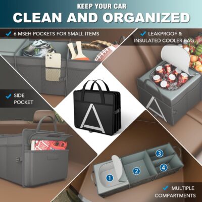 K KNODEL Sturdy Car Trunk Organizer with Premium Insulation Cooler Bag, 3 Compartments Heavy Duty Collapsible for Car, SUV, Truck, or Van (Large, Black) - Image 6