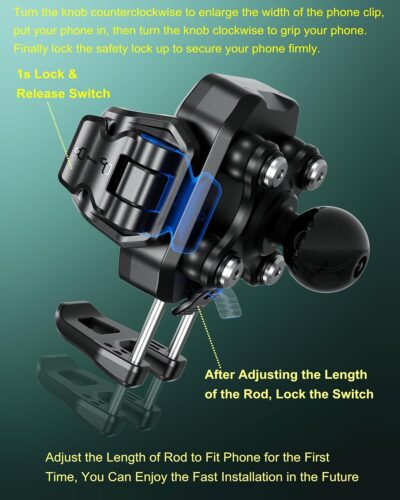 BRCOVAN Anti-Theft Phone Mount Holder with Vibration Dampener [Camera Friendly] [1s Lock & Release] with Aluminum Round Base & Medium Arm, for Car Boat Truck Motorcycle UTV, Fit 5.4-7.2'' Smartphones - Image 6