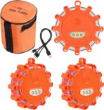 USB C Rechargeable LED Road Flares Emergency Lights with Magnetic Base, 9 Strobe Options Roadside Emergency Warning Car Safety Beacon Flashing Disc Flare Kit for Vehicles & Boat, 3 Pack