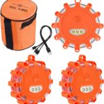 USB C Rechargeable LED Road Flares Emergency Lights with Magnetic Base, 9 Strobe Options Roadside Emergency Warning Car Safety Beacon Flashing Disc Flare Kit for Vehicles & Boat, 3 Pack