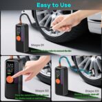 Portable Tire Inflator Air Compressor, 150 PSI Cordless Air Pump, 6000mAh Battery & 12V Car Outlet, Digital Pressure Gauge, Auto Shut-Off, Fast 24L/Min, LED Light, 4 Preset Modes for Car, Bike, Balls - Image 7