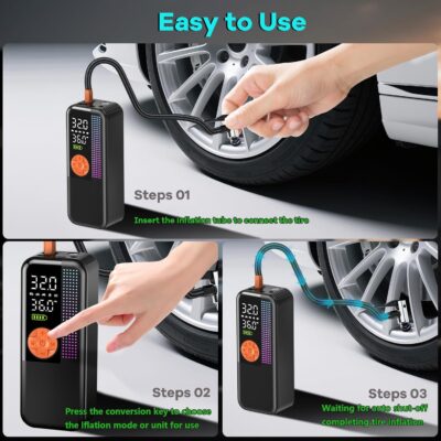 Portable Tire Inflator Air Compressor, 150 PSI Cordless Air Pump, 6000mAh Battery & 12V Car Outlet, Digital Pressure Gauge, Auto Shut-Off, Fast 24L/Min, LED Light, 4 Preset Modes for Car, Bike, Balls - Image 7