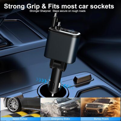 5-in-1 120W 30-Minutes Fast Flash Charging Retractable Car Charger, Wireless Bluetooth FM Transmitter, Type-C+USB-A Car Charger Adapter, Compatible with iPhone 17/16/15/14/13 Pro Max & Android Devices - Image 7