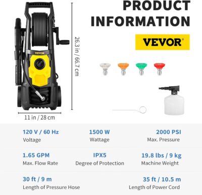 VEVOR Electric Pressure Washer, 2000 PSI, Max 1.65 GPM Power Washer w/ 20 ft Hose & Reel, 4 Quick Connect Nozzles, Foam Cannon, Portable to Clean Patios, Cars, Fences, Driveways, ETL Listed - Image 7