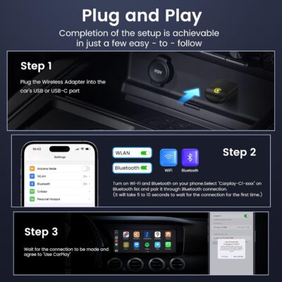 Wireless CarPlay Adapter for iPhone - Convert Wired to Wireless, Mini USB Design, Plug & Play - Compatible with Cars with Apple CarPlay - Includes USB-C Cable - Fast Connection, No Latency - Image 3