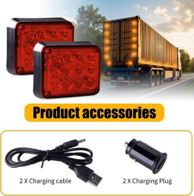 2PCS Amber LED Emergency Strobe Lights, Magnetic Strobe Flashing Beacon Lights Rechargeable Wireless Battery Powered 12-LED Caution Safety Warning Lights for Trucks Trailers Car Van ATV Tow - Image 7