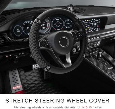 Bling Soft Leather Steering Wheel Cover, 14.5-15 Inch Sparkly Rhinestones Non-Slip Car Steering Wheel Protector, Elastic Auto Steering Wheel Cover Interior for Women Girls (Black) - Image 2