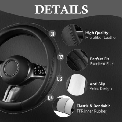 CAR PASS Microfiber Leather Steering Wheel Cover and Waterproof Car Floor Mats,Universal Car Combo Fit for 95% Sedan,SUV,Cars,14.5-15inch Anti-Slip Safety Comfortable Faux Leather Design(Solid Black) - Image 4