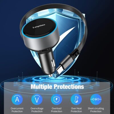 Retractable Car Charger USB C, 90W Phone Cigarette Lighter Adapter USB-C Fast Charging Plug Car Accessories for iPhone 17 16 15 Pro Max, iPad, Android, Built-in Type-C Cable, Gifts for Women Men - Image 6