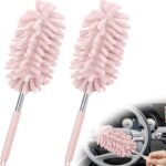 2 PCS Car Interior Duster with Extension Pole, Microfiber Car Duster with Bendable Head, Car Accessories Dusters Exterior&Interior Scratch Free, for Cleaning of Vehicle Details, Offices, Windows(Pink)