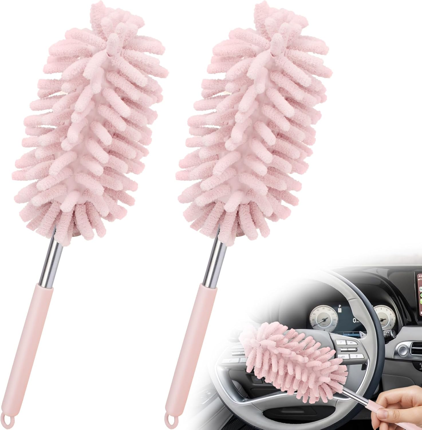 71KJkQDv7L._AC_SL1500_.jpg 2 PCS Car Interior Duster with Extension Pole, Microfiber Car Duster with Bendable Head, Car Accessories Dusters Exterior&Interior Scratch Free, for Cleaning of Vehicle Details, Offices, Windows(Pink) - Image 1