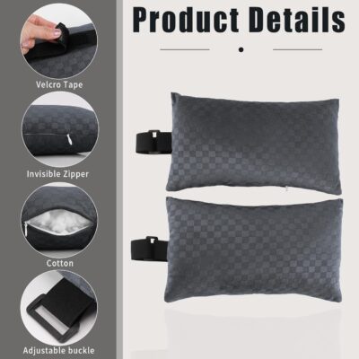 2-Pack Car Headrest Neck Pillows, 100% Cotton Fill with Adjustable Strap, Breathable Support for Driving & Travel (Gray Checkerboard) - Image 2