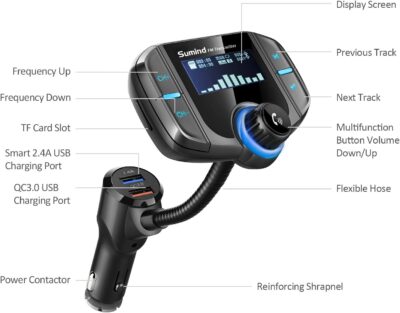 Sumind 2026 Upgraded Wireless Bluetooth Car Adapter FM Transmitter, 1.7'' LCD Display, Flexible Gooseneck, 20W QC3.0&Dual USB Ports, AUX Input/Output for Hands-Free Call, Micro /TF Card(Black,Normal) - Image 2