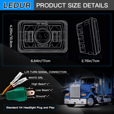LEDUR 4x6 LED Headlights DOT Approved 4PCS Angel Eye Halo Turn Signal DRL Hi/Lo Sealed Beam Rectangle Headlight Replace H4651 H4652 H4656 H4666 H6545 for Kenworth T800 W900 Peterbilt 378 379 Truck Van - Image 5
