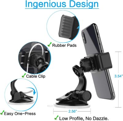APPS2Car Suction Cup Phone Holder for Car with Adjustable Arm, Low Profile Dashboard Phone Mount Compact Windshield Window Dash Mobile Stand Compatible w/All iPhone and Android Cell Phones - Image 5