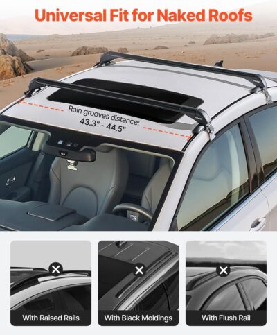 VEVOR Roof Rack Cross Bars, Universal Fit for Naked Roofs Without Raised Rails/Flush Rail/Black Moldings, 165 LBS Capacity, Lockable Heavy Duty Aluminum Crossbar Racks Roof Rail Rooftop Luggage Canoe - Image 2