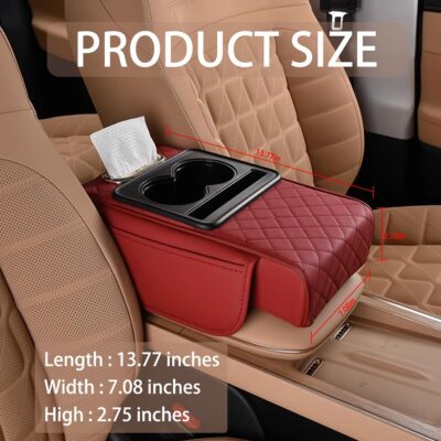 HZEL Car Center Console Cover, Leather Vehicle Armrest Cushion with Storage Bags, Cup Holder ＆ Tissue Box, Waterproof Auto Interior Arm Rest Seat Box Pad, Universal Fit (Wine Red) - Image 2