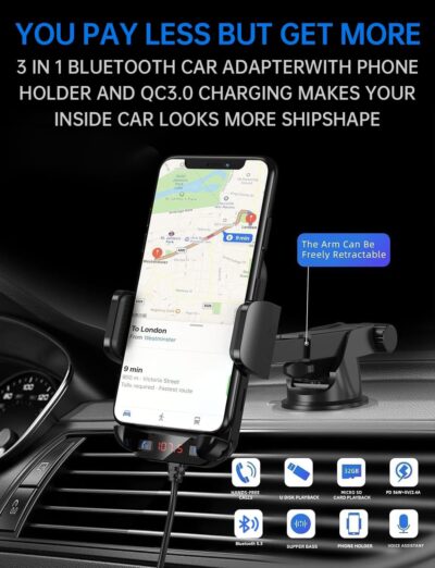 Bluetooth Car Adapter 3 in 1 FM Transmitter Car Radio Bluetooth Transmitter with Phone Holder, PD 36W Fast Charging, Strong Microphone, HiFi Bass Sound, Hands-Free Call, Support USB/TF Drive - Image 2