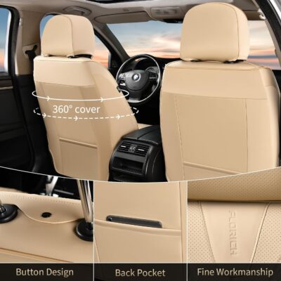 FLORICH Leather Seat Covers, Car Seat Cover Full Set Automotive Seat Covers Waterproof Car Seat Protectors 5 Seats Universal Seat Cover Fit for Most Cars SUV Trucks, Beige - Image 3