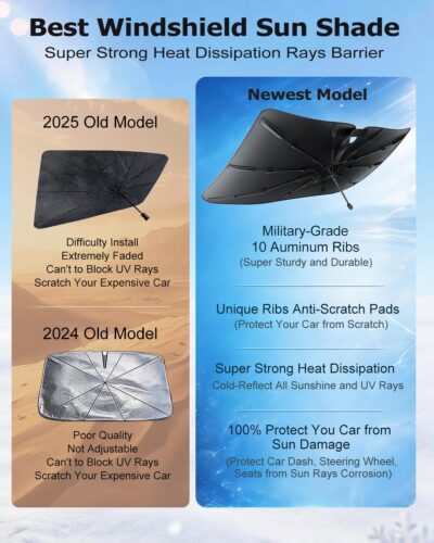 DMJN Umbrella Windshield Sun Shade for Tesla New Model Y Juniper, Y & 3, Car Sunshade for Front Windshield [Nano Ice-Crystal Coatings] UPF50+ Heat & UV Block, Protect Interior & Keep Cooler - Image 7