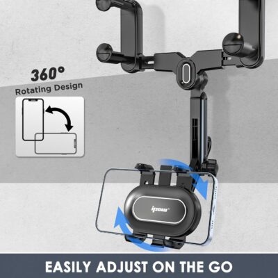 IPOW Large Rearview Mirror Phone Holder for Car 360°Rotatable and Retractable, 2024 Upgraded Four Corners Fixed Anti-Shake Multifunctional Design for All Phones and All Car Rearview Mirror with Button - Image 4