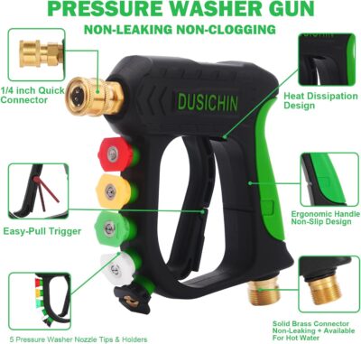 DUSICHIN Pressure Washer Gun Foam Cannon Dual Connector Shift Valve, Car Wash Foam Cannon Kit 1/4 Inch Quick Connector 5 Pressure Washer Nozzle Tips Build-in Design Work with A Pressure Washer DUS2703 - Image 5