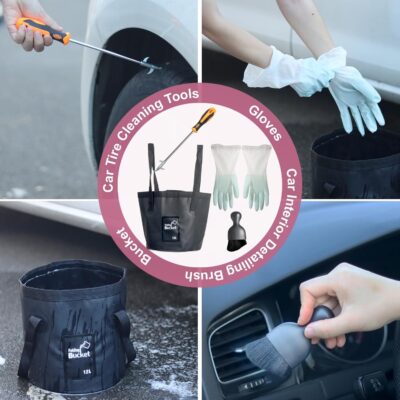 24Pcs Car Detailing Cleaning Kit Interior,Car Wash Bucket Cleaner Kits Supplies,Auto Detail Washing Care Exterior Set Tools with Sponge,Tire Brush,Trash Bag and Tire Cleaning Hook - Image 4