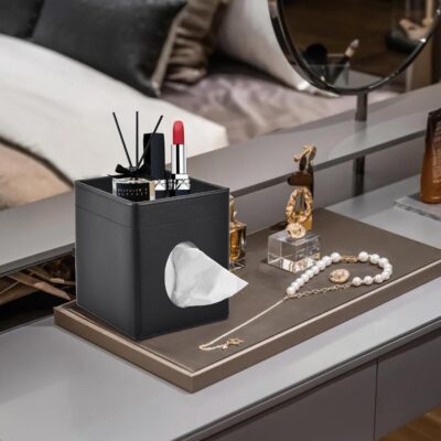 Tissue Box Cover Square Tissue Box Holder PU Leather Facial Tissues Organizer with Storage Tray for Bathroom Vanity Bedroom Office Car, Stylish Napkin Caddy Decorative Organizer (Black) - Image 2