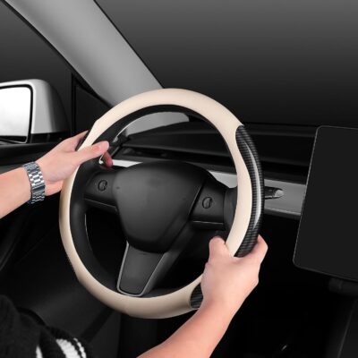 Nappa Leather car Steering Wheel Cover,Carbon Fiber Sports car Interior Non-Slip Ultrathin 15 inches Universal (White) - Image 5