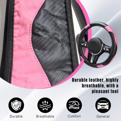 Leather Car Steering Wheel Cover, 15 Inch Anti-Slip Carbon Fiber Black Steering Wheel Cover, Universal Car Interior Accessories for Trucks Sedans SUVs (Black & Pink) - Image 4