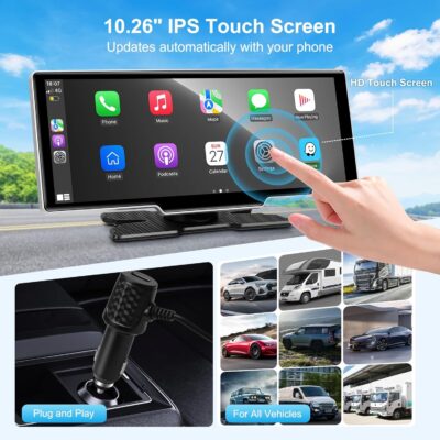 10.26" Wireless Carplay Screen for Car with 4K Dash Cam | Portable Car Play & Android Auto Touch Screen, 1080p Backup Camera, Mirror Link, Voice Control, GPS Navigation | for All Cars - Image 6