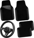 CAR PASS Microfiber Leather Steering Wheel Cover and Waterproof Car Floor Mats,Universal Car Combo Fit for 95% Sedan,SUV,Cars,14.5-15inch Anti-Slip Safety Comfortable Faux Leather Design(Solid Black)