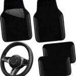 CAR PASS Microfiber Leather Steering Wheel Cover and Waterproof Car Floor Mats,Universal Car Combo Fit for 95% Sedan,SUV,Cars,14.5-15inch Anti-Slip Safety Comfortable Faux Leather Design(Solid Black)