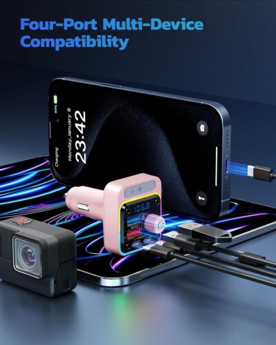 Nulaxy 54W Bluetooth 5.3 Car Adapter with 4 Charging Ports [PD 36W & QC3.0 18W], Wireless Radio FM Transmitter with Deep Bass Player & 5 Colors LED Backlit, Hands-Free Calling - Pink - Image 6