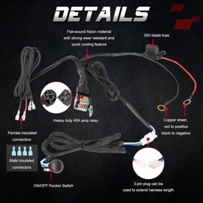 Wiring Harness, OFFROADTOWN 2 Lead Heavy Duty Wiring Harness Kit for Fog Lights LED Work Light bar LED Pods 12V 40A Fuse Relay Rocker Switch Relay for Trucks ATV UTV Boat - Image 3