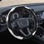 Car Steering Wheel Cover, Non-Slip Car Wheel Cover Protector, 15 inch Carbon Fiber Microfiber PU Leather Elastic Steering Wheel Protector for Men Women, Universal Auto Accessories (White)